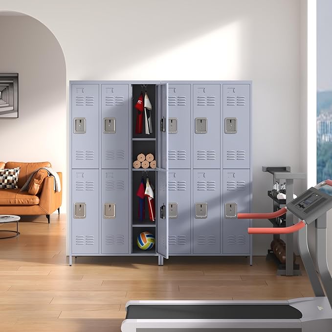 6 Door Locker with Lock, Metal Storage Locker Cabinet with for Employees Organizer, Office, School, Gym, Home, Require Assembly (Grey)