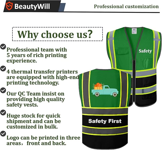 5 Pack Custom Safety Vest Customized Logo Mesh Vest Class 2 High Visibility Reflective Vest with Pockets Workwear（Green Black，M ）