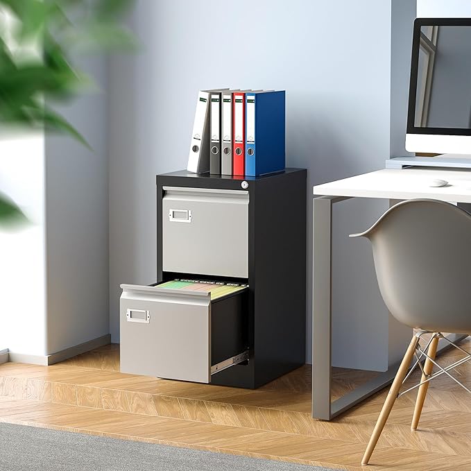 2 Drawer File Cabinet, Filing Cabinets for Home Office, Metal Vertical File Storage Cabinet with Lock, Locking File Cabinet for A4 Legal/Letter, 15.1" W x 17.7" D x 28.7" H, Assembly Required