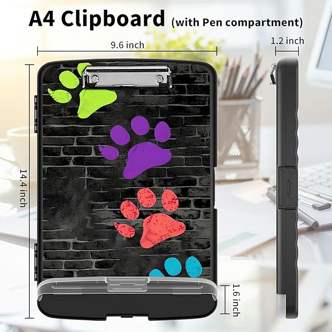 Clipboard with Storage High Capacity Plastic Nursing Clipboards with Pen Holder File Folder Storage Box Clipboard with Heavy Duty Clips for Teacher,Doctor,Offices-Paw Prints