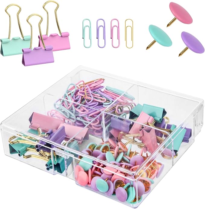 Cute Paper Clips Binder Clips Combo Set, 165 Psc, Assorted Size Paper Clips for Office, Cute Office Supplies Set, Purple (Unicorn Color)