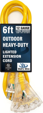 6 ft Short Outdoor Extension Cord Waterproof - 12 Gauge Heavy Duty Extension Cord Splitter Outdoor 6 ft - Lighted Outdoor Extension Cords with Multiple Outlets - Watts Wire - 6' Grounded