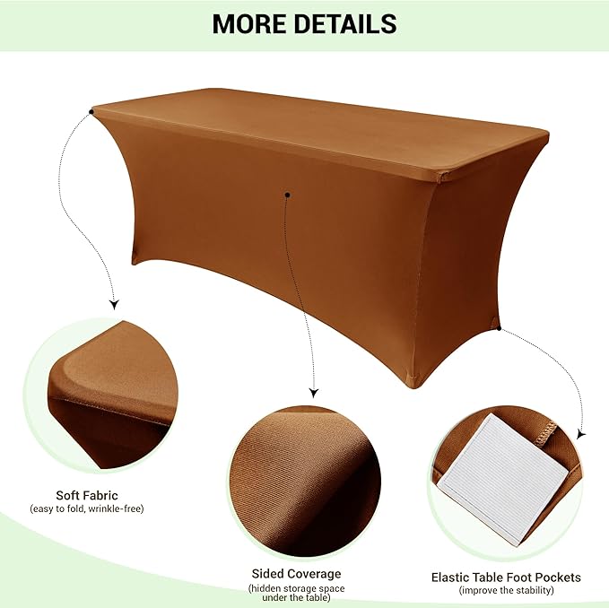 Obstal 6 Pack Stretch Spandex Table Covers for 6 Foot Tables - 6 FT Universal Rectangular Fitted Tablecloth Protector for Wedding, Banquet, Party, 72 Length x 30 Width x 30 Height Inches, Light Coffee