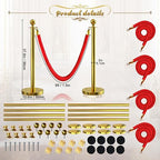 8Pcs Gold Stanchion Post Queue Velvet Ropes and Posts with Soild Base and 4pcs 5 Ft Red Velvet Ropes Carpet Ropes Posts Stanchion Set Crowd Control Barriers for Party Supplies