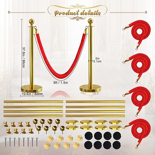 8Pcs Gold Stanchion Post Queue Velvet Ropes and Posts with Soild Base and 4pcs 5 Ft Red Velvet Ropes Carpet Ropes Posts Stanchion Set Crowd Control Barriers for Party Supplies
