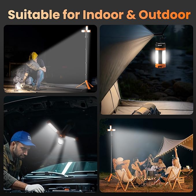 CAVN Rechargeable Camping Lights with Stand 6.5 ft Max Height, Portable Cordless LED Work Light 2200 Lumens 6500/4500/3500K Dimmable Camping Essentials Gear with Detachable Tripod, Orange
