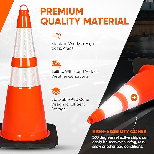 Pyle 28" Traffic Cones, 10-Pack High-Visibility Safety Markers for Roadwork, Parking Lots, Sports Training, and Construction Zones, Durable Orange PVC Cones with Stable Heavy-Duty Base