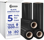 Rosmonde Bulk Plastic Wrap for Moving, 5 Pack, True 18" x 1500 ft Black Shrink Wrap, 80 Gauge / 20 Microns, Industrial Strength Pallet Stretch Wrap, 9.4 lbs/Roll, Black Heavy Duty Shrink Wrap Roll