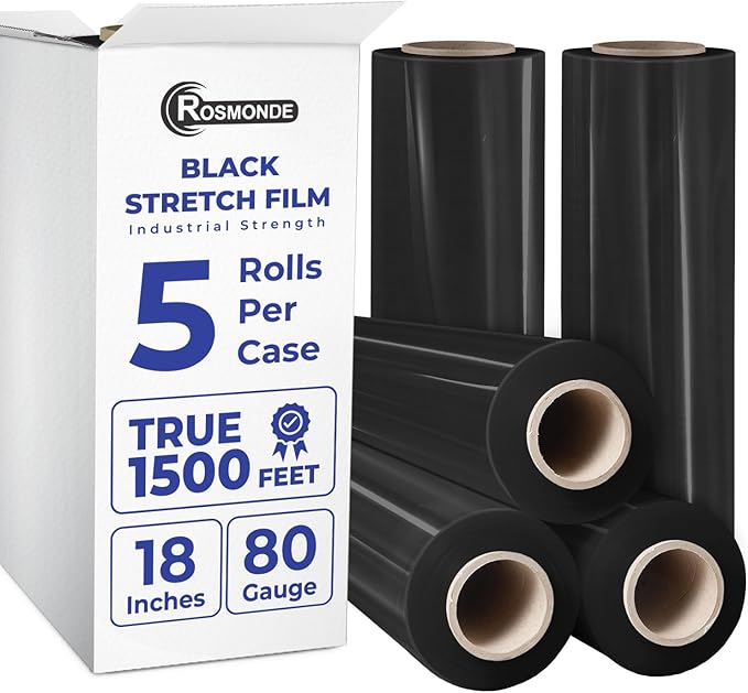 Rosmonde Bulk Plastic Wrap for Moving, 5 Pack, True 18" x 1500 ft Black Shrink Wrap, 80 Gauge / 20 Microns, Industrial Strength Pallet Stretch Wrap, 9.4 lbs/Roll, Black Heavy Duty Shrink Wrap Roll
