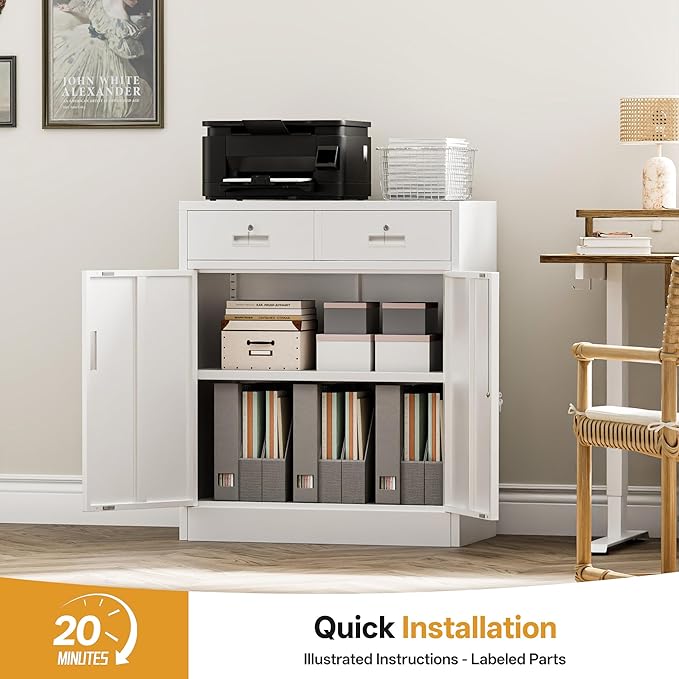 Metal Storage Cabinet with 2 Drawers 36" H,White Metal Garage Cabinets with 2 Lockable Doors and Adjustable Shelves Easy to Assemble for Home Office, Kitchen,Pantry,Garage,Warehouse