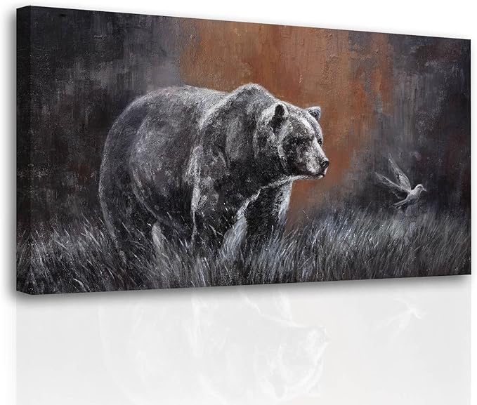 ZHENGYIN Black and White Bear Wall Art,Large Grizzly Wildlife Canvas Print, Bird Accent, Rustic Western Wall Decor for Living Room Office, Above Sofa, 24x48 Inch