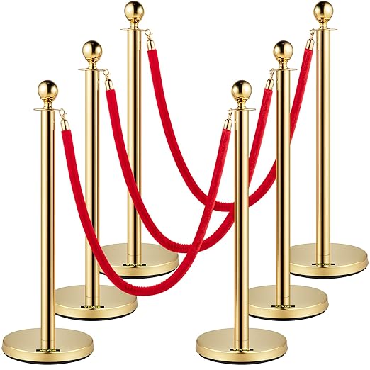 VEVOR Velvet Ropes and Posts 6 Pcs Red Velvet Rope 5 ft, Stanchions Solid Base with Ball Top, Crowd Control Barriers Gold Stanchions, Red Carpet Poles, Crowd Control Ropes and poles for Party Supplies