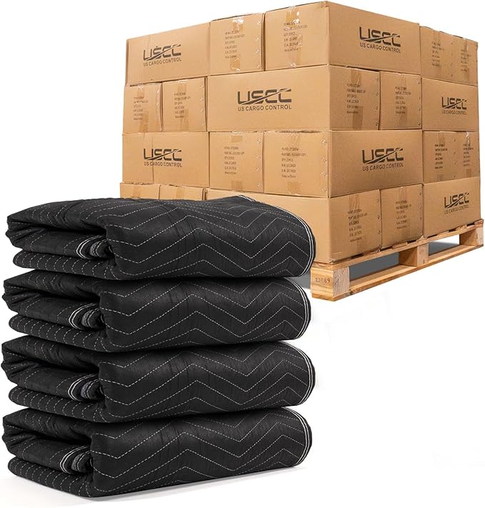 US Cargo Control Moving Blankets 72"x80" 216-Pack, (65 lbs/doz Weight), Heavy Duty Packing Blankets for Moving Furniture, Shipping, and Storage, Black Quilted Furniture Pads, MBDELUXE Econo Deluxe