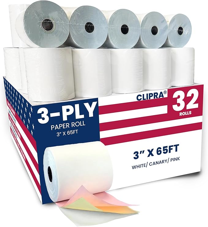 (32 Rolls) 3 Ply Kitchen Printer Paper White/Canary/Pink Carbonless Rolls 3” x 65 Feet Receipt Paper Rolls - Compatible with Star SP700 TMU 220 - Ribbons Required - Non Thermal