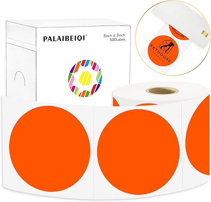 3X3 Inch Round Thermal Labels Circle Color Coding Labels Printable Waterproof 500PCS Round Stickers Adhesive Writable for Office, Garage, DIY Sticker, Barcodes, Name Tag, Fluorescent Orange