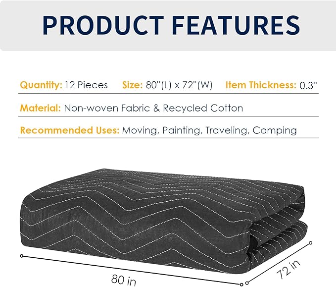 Moving Blankets Heavy Duty 12 Pack 72" x 80" (65 lb/Dozen), Large Thick Quilted Furniture Mover and Pads for Safe Shipping, Packing and Storage, Black(12 Packs)