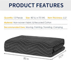 Moving Blankets Heavy Duty 12 Pack 72" x 80" (65 lb/Dozen), Large Thick Quilted Furniture Mover and Pads for Safe Shipping, Packing and Storage, Black(12 Packs)