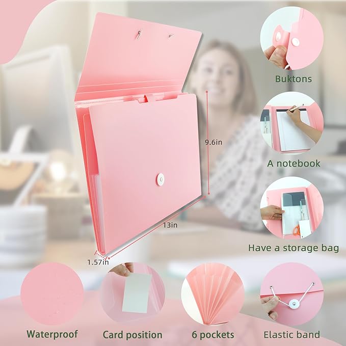 Pink Expandable File Folders with One Notebook, Expanding Receipt Organizer, Accordion Folder File Folders, Important Document Organizer, Accordion Folder for Office/School