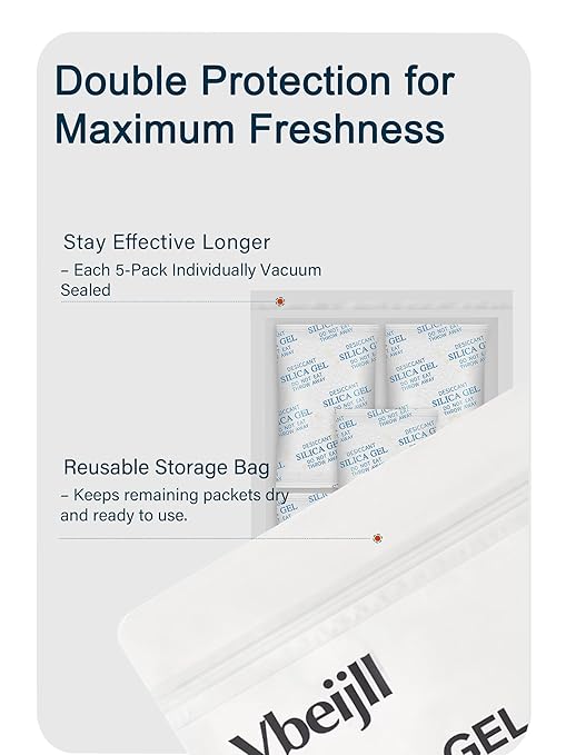 5 Gram (50 Pack) Color-Indicating Silica Gel Packets, Each 5 Pack Individually Sealed, Food Grade Desiccant - Rechargeable Moisture Absorbers for Food Storage, Electronics, 3D Filament & Safes