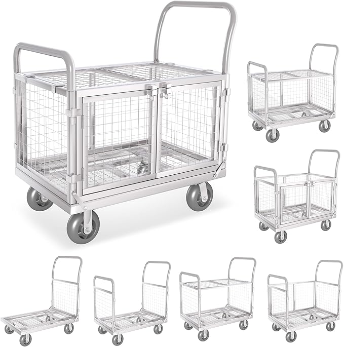 Platform Truck Cart with Cage 2-Door Design 7 in 1 Mutipurpose Handcart with 5" Wheel 39"x25" Large Uitility Cart, Mesh Plate w/Removalble Fence 6-Side, Load 2000lbs for Grocery/Laundry/Stall/Storage