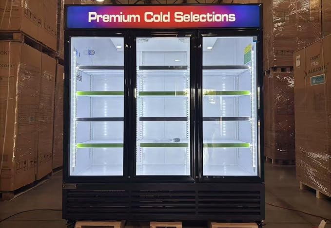 71” Wide Commercial Beverage Refrigerator Display Fridge, Three Glass Door Merchandiser Drink Cooler With LED Light Adjustable Shelves,ETL Sanitation,63.5 Cu Ft,BLACK,Wheels Not Included