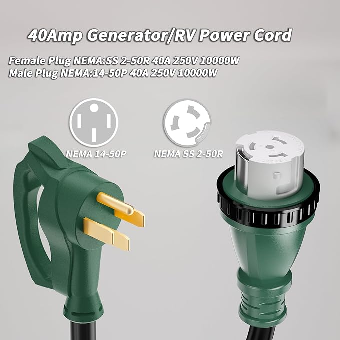 40 Amp Generator Cord, 75FT 40 Amp RV Extension Cord with Twist Lock, Generator Cable 40A 4 Prong, NEMA 14-50P to SS2-50R Heavy Duty STW Wire for RV Camper & House