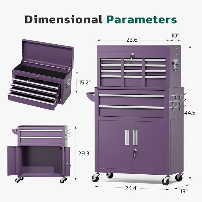 Greenvelly 8-Drawer Rolling Tool Chest, Metal Tool Chest with Wheels, Tool Cabinet with Detachable Top Tool Box, Metal Tool Cart with Liner & Hooks for Garage, Workshop, Warehouse (Purple)