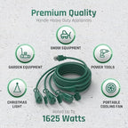 15FT Outdoor Green Extension Cord with Multiple Outlets, Evenly Spaced 3 Outlets, Light Duty 16/3 SJTW Cable with Grounded Plugs, 13AMP 1625W 125V 16AWG, ETL Listed