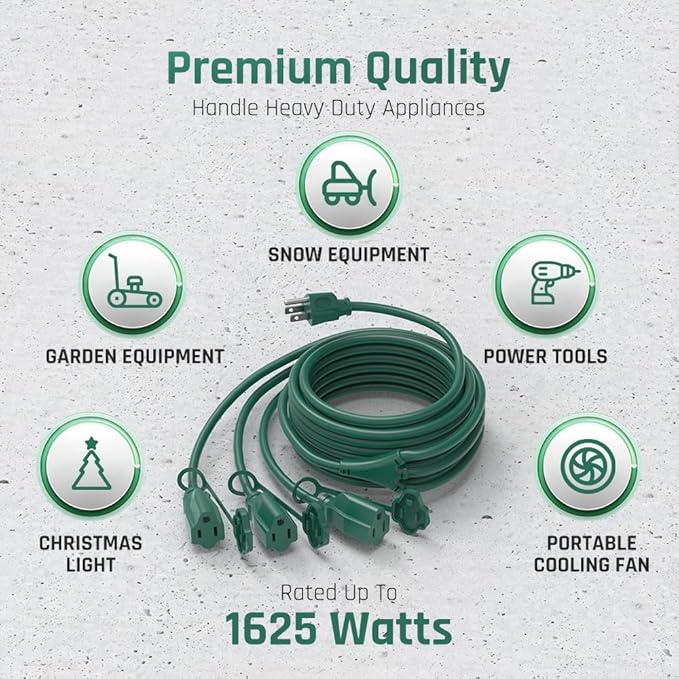 15FT Outdoor Green Extension Cord with Multiple Outlets, Evenly Spaced 3 Outlets, Light Duty 16/3 SJTW Cable with Grounded Plugs, 13AMP 1625W 125V 16AWG, ETL Listed
