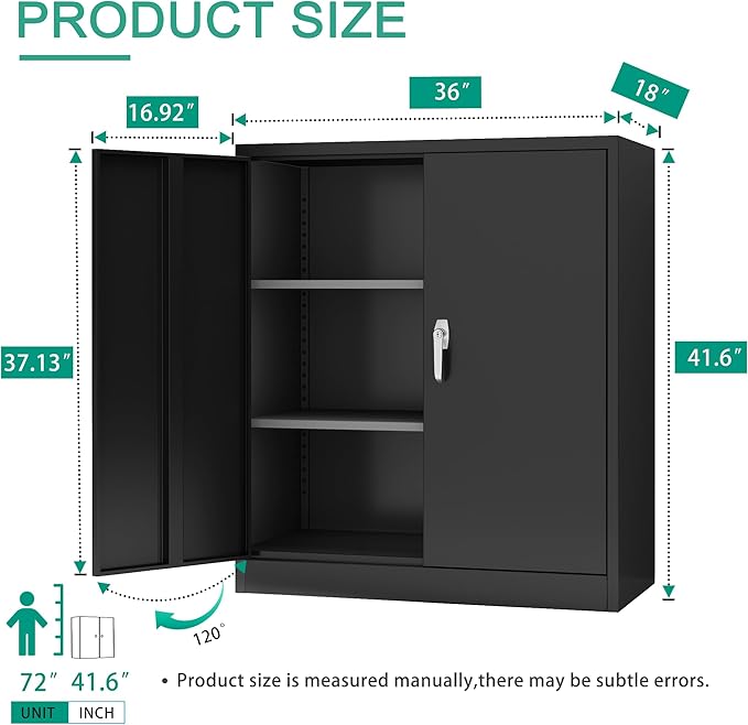 Locking Garage Storage Cabinet with Door, Black Metal Wall Cabinet with Shelves, Small File Cabinet for Home, Office, School, 41.6''H× 36 ''W ×18''D, Assembly Required