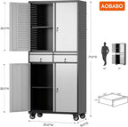 Aobabo Metal Storage Cabinet with Locking Doors and Pegboards, Steel Rolling Tool Storage Cabinet with 2 Drawer and 2 Adjustable Shelves for Garage, Kitchen, Office, Assembly Required, Black Grey