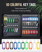 Uniclife 60 Position Key Cabinet with Key Lock Wall Mounted Black Security Storage Box Steel Key Organizer with Colorful Key Tag Labels Stickers and Hooks