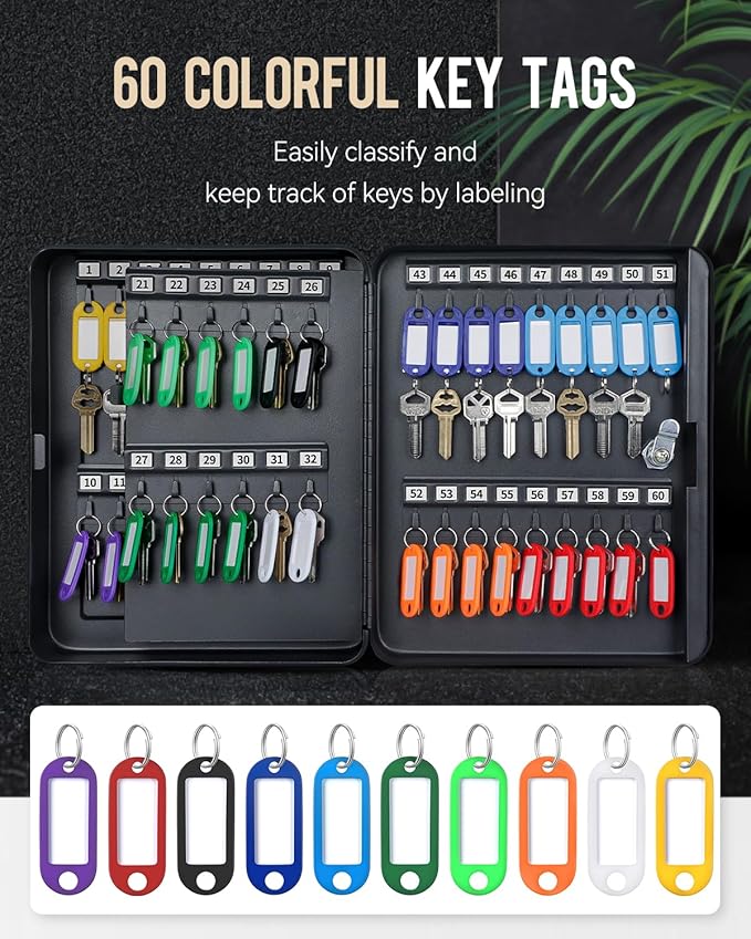 Uniclife 60 Position Key Cabinet with Key Lock Wall Mounted Black Security Storage Box Steel Key Organizer with Colorful Key Tag Labels Stickers and Hooks