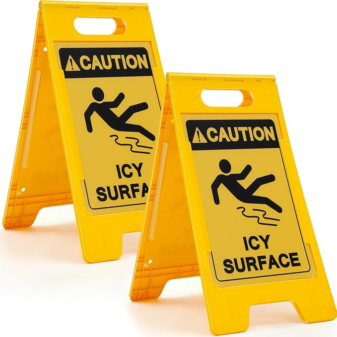 Macarrie 2 Pieces 24.5 x 12.6 Inch 'Caution - Icy Surface' 2 Sided Folding Floor Sign with Symbol Caution Icy Surface Folding Floor Sign for Any Facility Building Warehouse Loading Docks