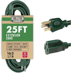 25 Foot Outdoor Extension Cord - 16/3 SJTW Green 16 Gauge Electrical Cable with 3 Prong Grounded Plug