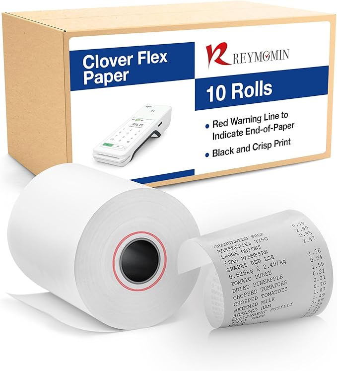 Clover Flex Paper Rolls - 10 Rolls - 2 1/4'’ x 50’- 48 GSM - Clover Flex Receipt Paper Compatible for C401, C403, C405 and C406 POS Machines - BPA Free Material