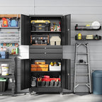 Letaya Metal Garage Storage Cabinet with Wheels,Rolling Tool Cabinet with 4 Door Lock-Adjustable Shelves and 2 Drawer for Garage Home Office Utility Room (Black with Wheels)