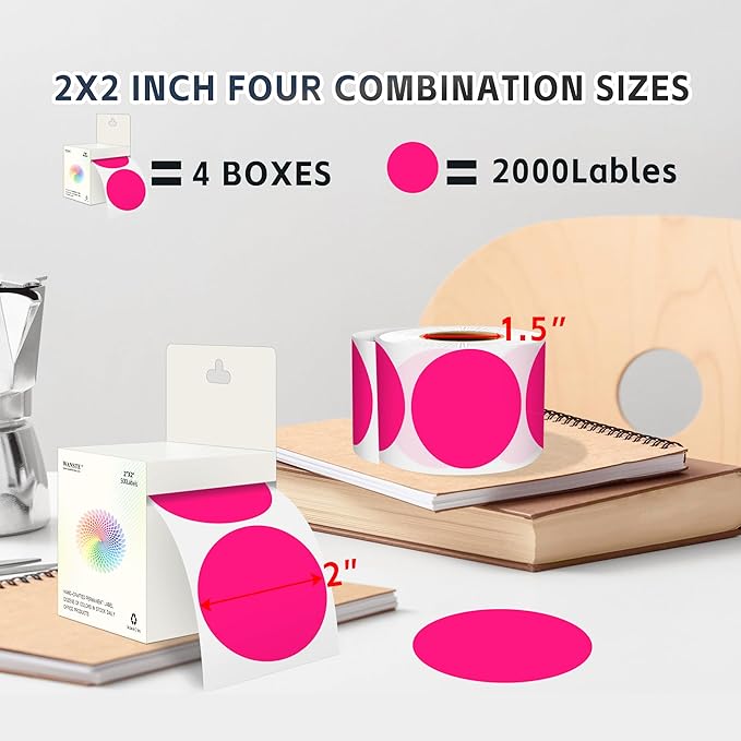Easy to Use 2 Inch Round Fluorescent Pink Color - Coding Stickers, 4 Rolls 2000 PCS Multipurpose Strong Adhesive Labels for Office,Inventory, Organizing