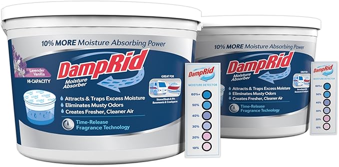 DampRid Hi-Capacity Moisture Absorber Bucket, Lavender Vanilla, 2 lb. 15.5 oz. & Moisture Detection Strip (2 Pack), Attracts & Traps Excess Moisture