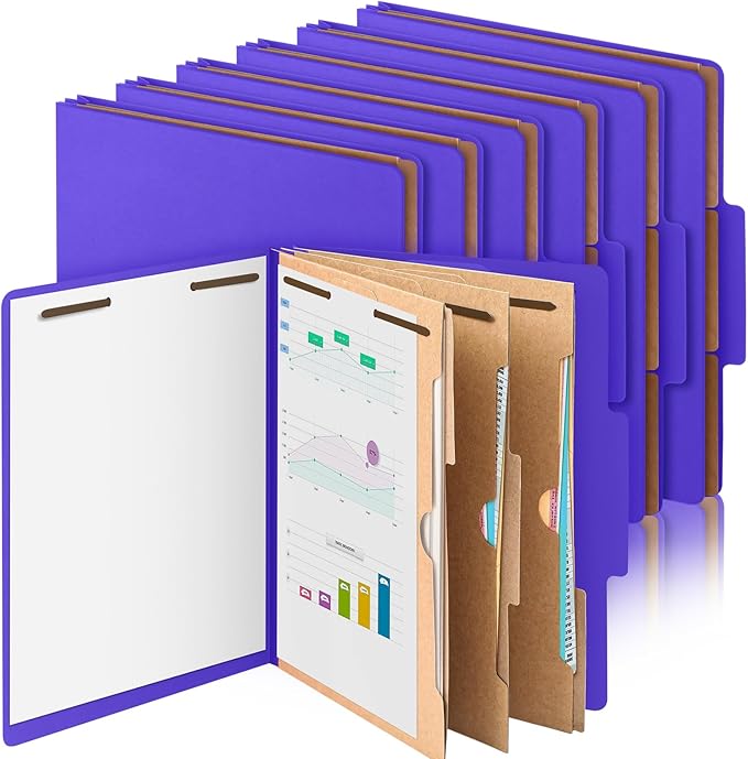 12 Pcs Classification Folders Letter Size 3 Pocket Dividers Employee File Folder with 2 Prongs Fasteners, 2 in Expansion Heavy Duty Pressboard File Holder for School Office Medical Document(Purple)