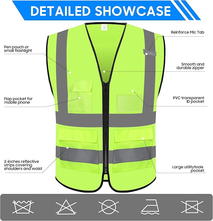 Reflective Safety Vest for Men Women with 5 Pockets and Zipper Front High Visibility Construction Vest Meets ANSI/ISEA Standards