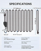 Fondwell 1/4" Tie Downs Ratchet Straps: 4-Pack Rope Hangers with Protective Soft Loops - Secure Tie Down Ratcheting for Transport