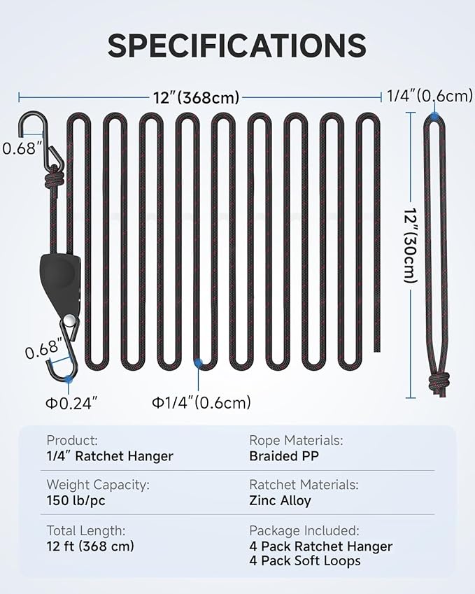 Fondwell 1/4" Tie Downs Ratchet Straps: 4-Pack Rope Hangers with Protective Soft Loops - Secure Tie Down Ratcheting for Transport