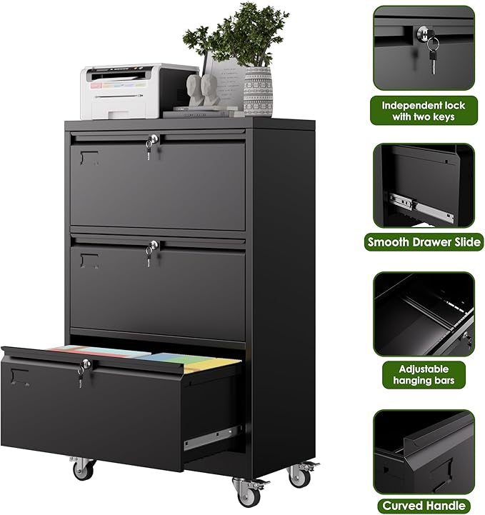 Aobabo 3 Drawer Lateral File Cabinet with Wheels, Lockable Metal Filing Cabinet for Home Office, Legal/Letter Size,Black,Required Assembled,15.87" D x 28.94" W x40.48 H