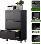 Aobabo 3 Drawer Lateral File Cabinet with Wheels, Lockable Metal Filing Cabinet for Home Office, Legal/Letter Size,Black,Required Assembled,15.87" D x 28.94" W x40.48 H
