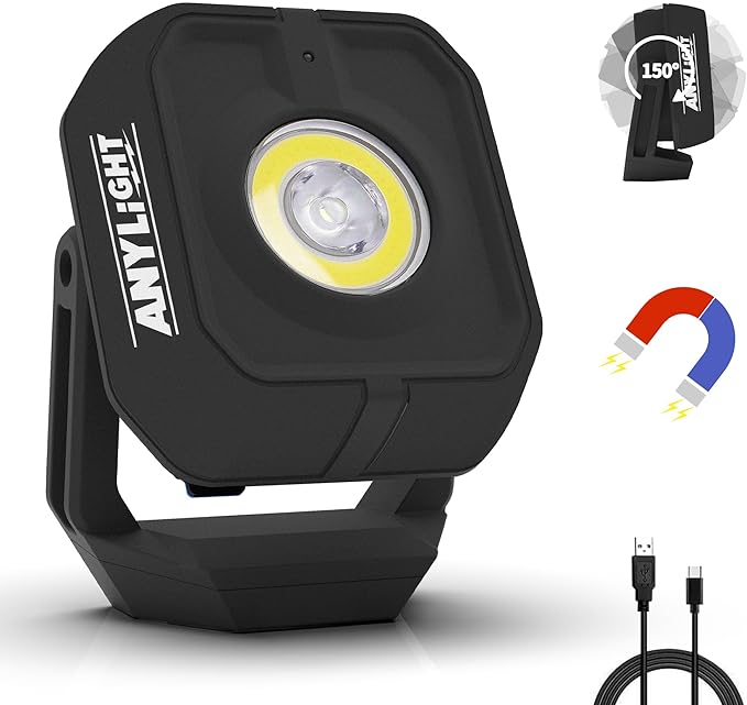 Led Work Light with 4 Modes,1200LM Portable COB Magnetic Light,3350mAh Recharge Spotlight and Floodlight,150° Rotate IP65 Waterproof for Car Repair and Camping, Black (1 Pack Without Hook)