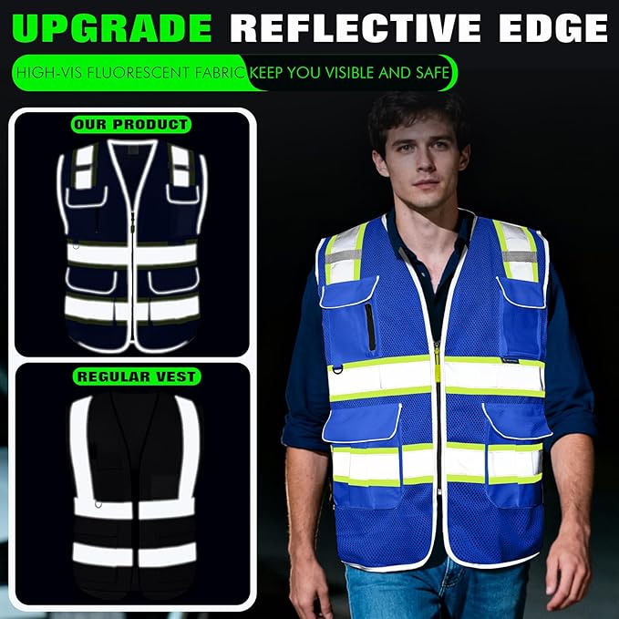 BeautyWill Custom Logo 10 Pockets Safety Vest Class2 ANSI Certified High Visibility Reflective Vest