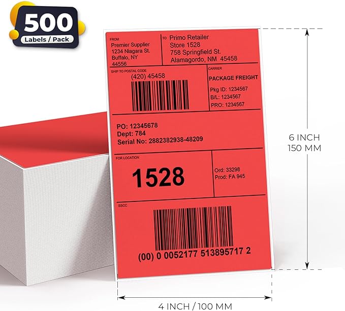 Red Direct Thermal Labels 4 × 6 Inch Vinyl Self-Adhesive Fanfold Shipping Stickers Waterproof Perforated Printer Decal for Office School Warehouse 500 PCS