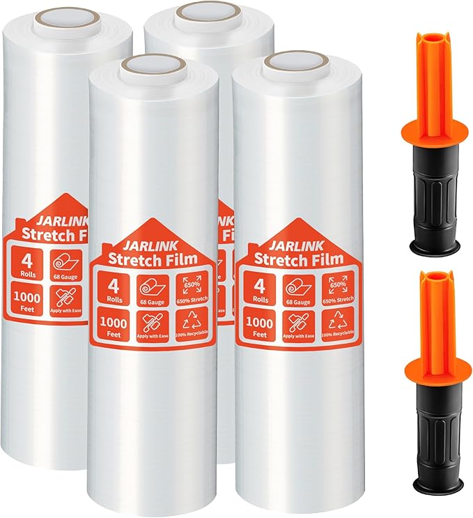 JARLINK 4 Pack Stretch Film, 15" x 1000ft Shrink Wrap for Pallet Wrap, Industrial Strength Stretch up to 650% Stretch with Handles, Self Adhering Packaging Heavy Duty Film for Moving, 68 Gauge, Clear