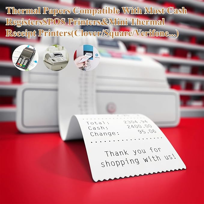 2 1/4"x50' Thermal Paper, FungLam Receipt Paper, POS Cash Register Papers, 2 1/4"x50' Thermal Paper for POS Cash Receipt Printers for Credit Card Terminal, Clover/Square/Verifone Printers, 50 Rolls.